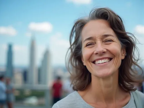 A mature lady, smiling, warm facial expression, wavy brown hair, minimal makeup, casual clothing, comfortable walking shoes, standing, observing, skyscraper, urban cityscape, daytime, clear blue sky, 