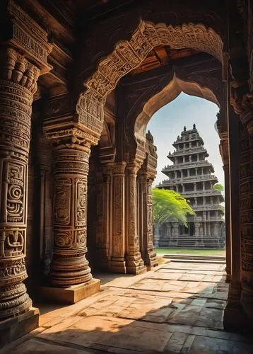 Hoysala architecture, ancient Indian temple, intricate carvings, ornate pillars, detailed sculptures, Hindu mythology-inspired designs, grand entrance gate, imposing towers, vibrant colors, ornamental