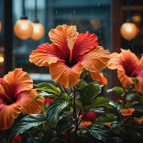 A stunning, hyper-realistic floral design inspired by vibrant hibiscus flowers with fiery orange, yellow, and red petals. The petals should have larger rain drops scattered across them, glistening pro