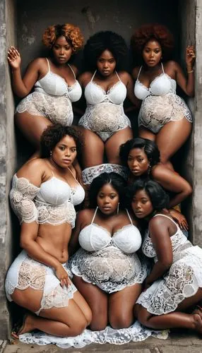 Photography of a big and massively group of african women in lace bodies, piled on top of each other in a big mess in the limited space. In front of the women is a dark concrete doorway from which eme