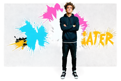 Haters, PNG, male, teenager, black hoodie, ripped jeans, black sneakers, messy hair, angry facial expression, crossed arms, standing, urban graffiti background, bold brushstrokes, vibrant colors, high