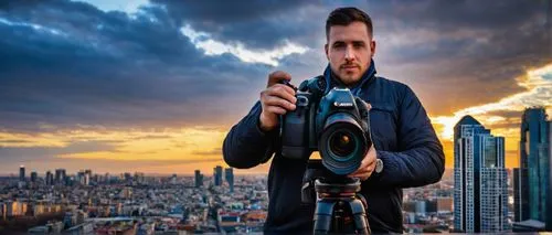 Architectural photography equipment, professional photographer, male, 30s, holding camera, Canon EOS 5D Mark IV, EF 16-35mm f/4L IS USM lens, Manfrotto tripod, remote shutter release, reflector, softb