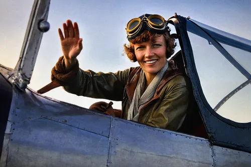 Image: Amelia Earhart waves from the cockpit of her plane circa 1929.,fighter pilot,glider pilot,flight engineer,airman,captain p 2-5,1940 women,peaked cap,pilot,cockpit,corsair,douglas sbd dauntless,