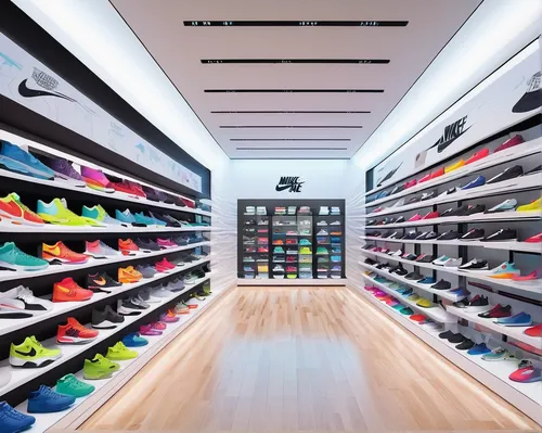 Write a creative story set in a futuristic NikeStore.,walk-in closet,shoe cabinet,shoe store,closet,women's closet,retail,shelves,sports shoes,racks,store front,sports wall,the shop,sport shoes,sports