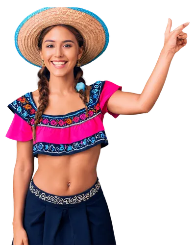 Colorful traditional Mexico clothing, embroidered blouse, long skirt, sombrero hat, braided hair, warm skin tone, bright smile, festive atmosphere, vibrant colors, Aztec pattern, ornate accessories, l