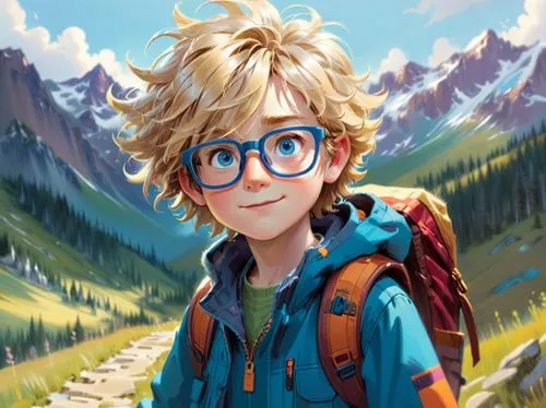 A young boy, around eight years old, with messy blonde hair and blue eyes, wearing glasses and dressed in hiking gear. His hair is tousled, giving him a carefree and adventurous look,a boy with glasse