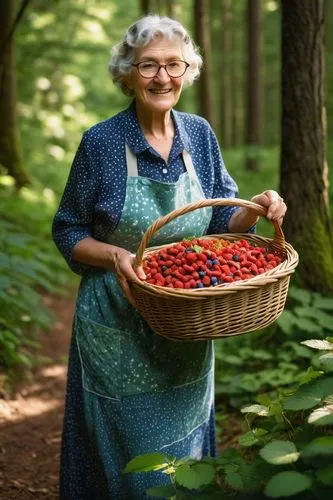 Granny, elderly lady, holding basket, picking wild strawberries, blueberries, raspberries, in a lush green forest, surrounded by tall trees, sun-dappled lighting, warm atmosphere, floral patterned dre