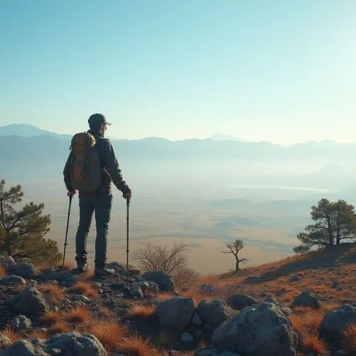 Plateau landscape, elevated terrain, vast open space, rocky outcrops, sparse vegetation, few trees, distant mountains, clear blue sky, warm sunlight, gentle breeze, solitary figure, trekking poles, ba