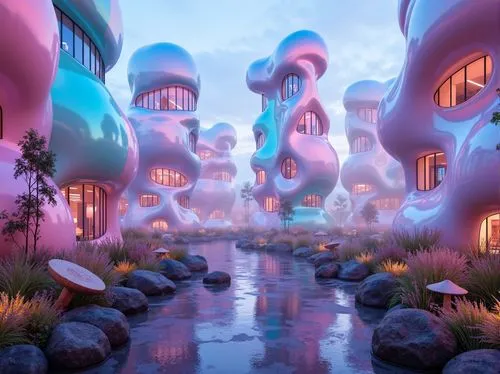 futuristic landscape,fantasy city,ecotopia,mushroom landscape,mushroom island,3d fantasy,dreamlands,wonderlands,fantasy world,fantasy landscape,imaginationland,fairy world,alien world,dreamsville,fairy village,fractal environment,virtual landscape,floating islands,candyland,cube stilt houses