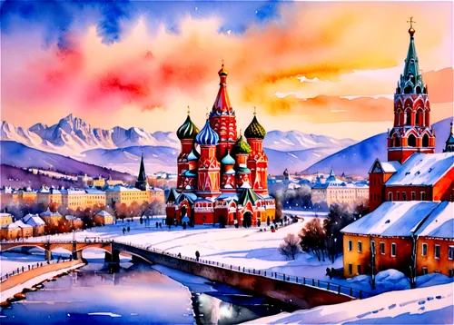 saint basil's cathedral,the red square,red square,winter village,moscow city,rusia,moscow,church painting,winter landscape,russian winter,russland,glazunov,christmas landscape,russian folk style,moscou,artamonov,suecia,loskov,moskow,colorful city,Illustration,Paper based,Paper Based 24