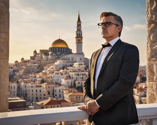 Middle-aged, male, master architect, standing, confident posture, rectangular glasses, short brown hair, formal attire, black suit, white shirt, tie, hands behind back, looking upwards, skyscraper, mo