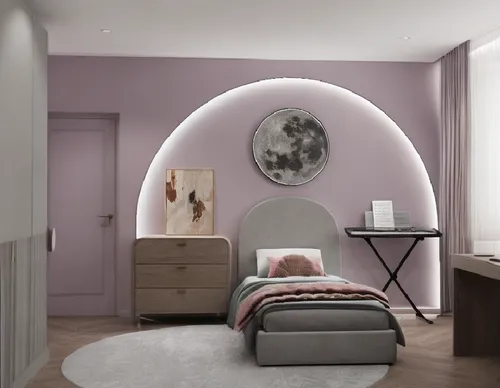 a light colored room with a bed and dresser,modern room,semi circle arch,beauty room,interior decoration,interior design,bedroom