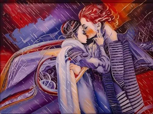 Passion Sexy Painting ,Naked Woman  Abstract Body Art Oil Painting,two women stand in the rain and emce under an umbrella,amants,amantes,romanza,young couple,amoureux,oil painting on canvas,Illustrati