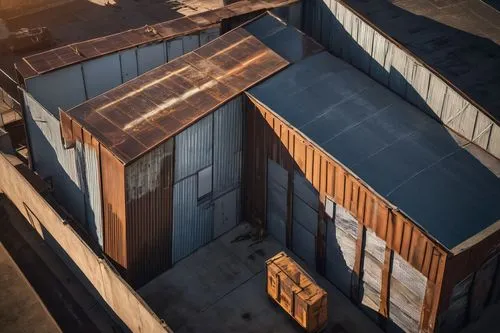 Brown's architectural sheet metal, industrial building, modern design, corrugated metal panels, weathered rusted finish, rivets, bolts, steel frame structure, urban cityscape, afternoon sun casting lo