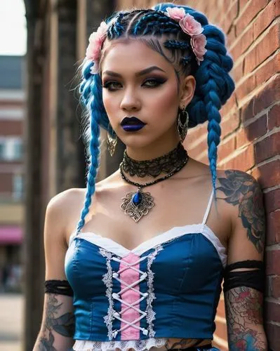   art, inspired in Vampire the Mask, gothica young woman with long blue braids stands against a wall, her expression a mix of confidence and defiance. She wears a white crop top with a pink flower des