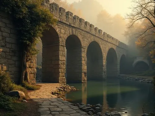 Ancient bridge, masonry structure, stone arches, rustic texture, weathered walls, ivy-covered columns, worn-out pathways, serene riverside, misty morning, soft golden light, warm atmosphere, historic 