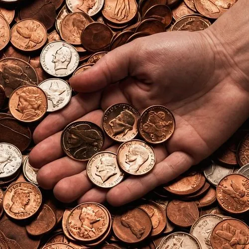 Image: A hand holding a few coins (mostly pennies).
Text: "Pennies Saved for Love",halfpennies,pennies,numismatists,coins,cents are,coinage,numismatics,coins stacks,numismatist,numismatic,doubloons,mo