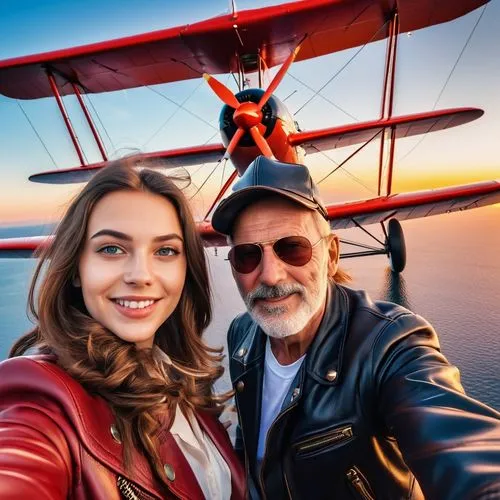 A young girl with long brown hair takes a selfie with a mature man, both in aviator gear with leather jackets, 1950 style,  near a red biplane , sea in the background at sunset with a thousand colors 