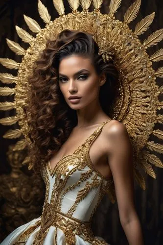 a gorgeous photo of a Brazilian model posing for haute couture, The model's hair is done up into a work of art, her makeup is bold and contrasting, her skin is unblemished and glowing, the model is we