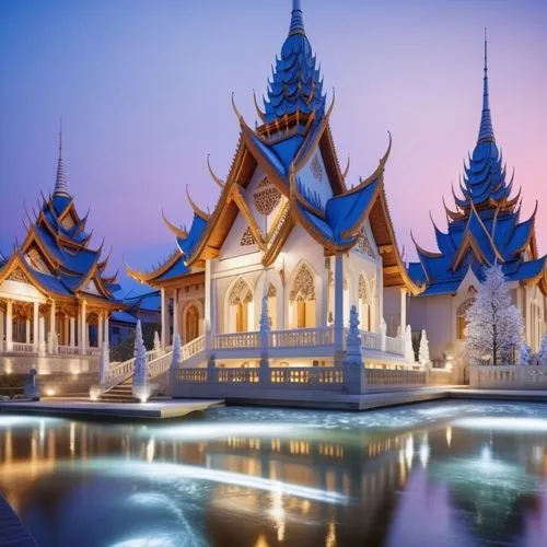 สร้างภาพยามเย็นอ่อนโยน,สวยงาม,น่าศรัทธา,เหมือนขริงมืออาชีพ,buddhist temple complex thailand,thai temple,grand palace,cambodia,thailand,thai,chiang rai,thailad,vientiane,white temple,asian architecture