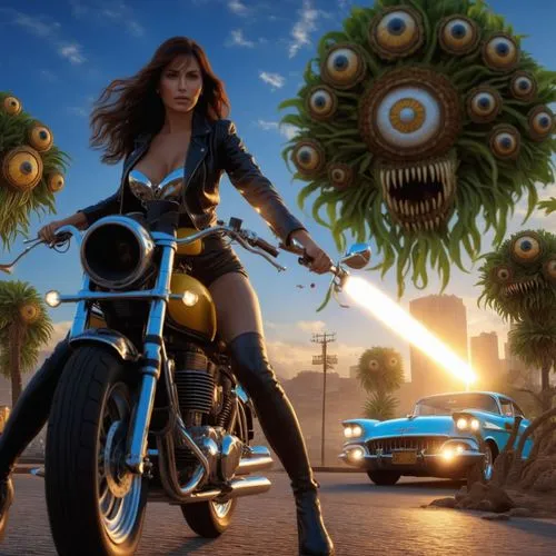 a cartoon of a woman riding a motorcycle next to a blue car,tropico,motorcyle,motorstorm,motograter,motorbike,motorcycles,biker,motorcycle,witchblade,motorcyles,motorbikes,heavy motorcycle,motorcyling