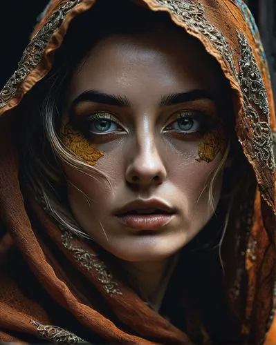 mystical portrait of a girl,women's eyes,warrior woman,regard,fantasy portrait,woman portrait,sorceress,portrait photography,golden eyes,woman face,ancient egyptian girl,orange robes,artemisia,female warrior,portrait photographers,argan,buckskin,cloak,elven,priestess,Art,Artistic Painting,Artistic Painting 22