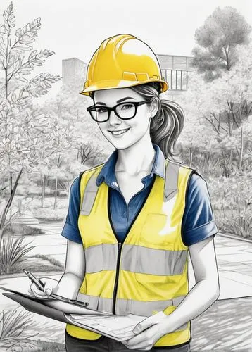 young adult, female, landscape architecture intern, standing, greenery surroundings, wearing yellow hard hat, blue vest, holding measuring tape, clipboard, pencil, casual ponytail, minimal makeup, gla