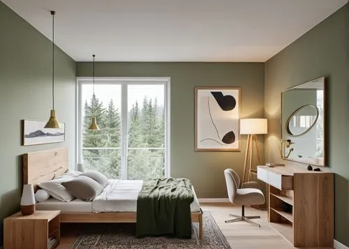 MAINTAIN VOLUMETRY, GREAT LIGHT FLOOR GRAY LIGHT, BACKGROUND FOREST GREEN PINE ,a green bedroom with a large window looking out to the woods,fromental,danish room,modern room,bedroom,chambre,guest roo