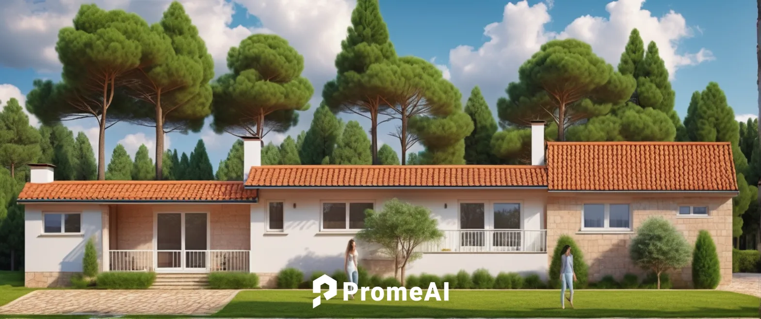 draw a mediterranean house with clay roof tiles, in the windows a modern shape with the reflex of trees on the front background is a pine forest in spring,houses clipart,garden elevation,home landscap