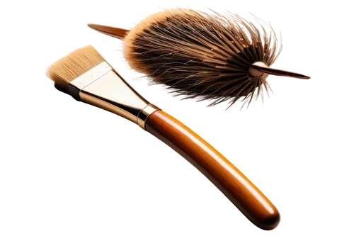 Artistic brush, wooden handle, natural bristles, golden metal ferrule, detailed hair strands, soft light reflection, shallow depth of field, warm color tone, still life composition, 3/4 view, gentle s