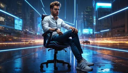 Architectural 3D modeling software, futuristic interface, metallic frame, sleek design, glowing blue lines, holographic display, ergonomic chair, professional male architect, messy hair, thick-rimmed 