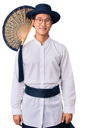 Korean man, traditional clothes, Hanbok, black hat, gentle smile, warm eyes, rounded glasses, neat hairstyle, white shirt, loose pants, holding fan, standing, natural pose, soft focus, shallow depth o