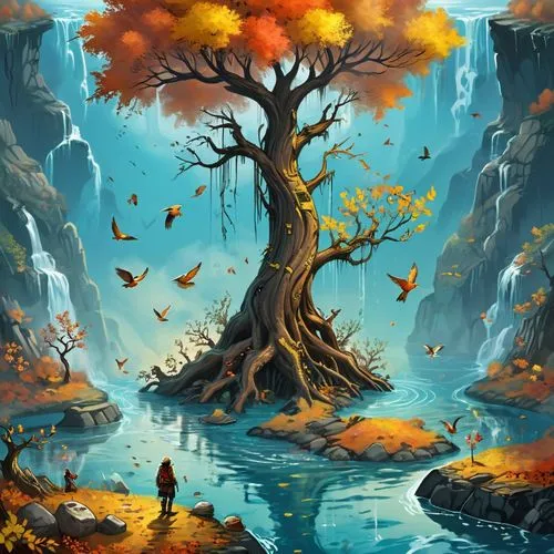 autumn background,fantasy landscape,autumn tree,autumn theme,autumn landscape,fall landscape,autumn forest,cartoon video game background,fantasy picture,world digital painting,halloween background,magic tree,autumn trees,painted tree,mushroom landscape,autumn mountains,fantasy art,nature background,colorful tree of life,children's background,Unique,Design,Character Design