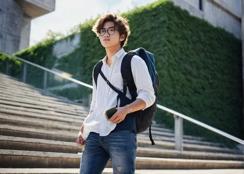 Modern architecture student, male, 20yo, glasses, messy brown hair, casual wear, denim jeans, white shirt, sneakers, backpack, standing, university campus, concrete building, stairs, greenery, natural