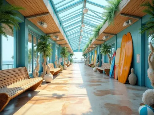 Modern tram station, beach-inspired design, glass ceiling, natural light, ocean-blue walls, wavy wooden benches, seashell-patterned flooring, palm tree decorations, driftwood sculptures, sandy texture