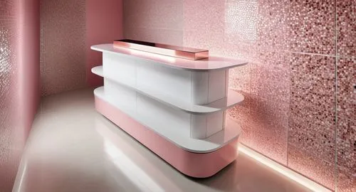 Cosmetic shelves, support plate terrazo tiles with white pink-tone grains, center column stainless steel, warm indirect lighting leaking from the center, skin lotion cosmetics display, gloss,luxury ba