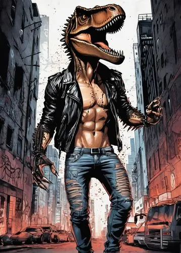 Anthropomorphic T-Rex, standing upright, muscular body, scaly skin, sharp claws, powerful legs, tiny arms, spiky hair, cool sunglasses, leather jacket, ripped jeans, confident posture, city street, ni