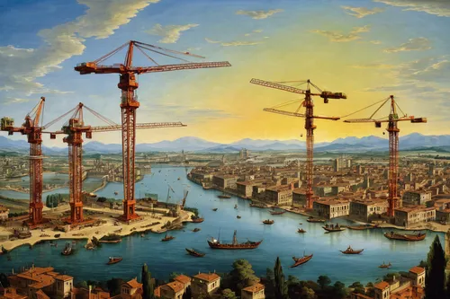 harbor cranes,container cranes,constantinople,port cranes,the large crane,cranes,crane houses,constructions,istanbul city,cranes from eberswalde,harbor crane,mega crane,istanbul,skyscapers,construction industry,crane boom,aircraft construction,city cities,italian painter,steel construction,Art,Classical Oil Painting,Classical Oil Painting 29