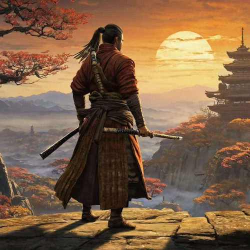 samurai,samurai fighter,tsukemono,erhu,sōjutsu,kenjutsu,red sun,rising sun,kyoto,yi sun sin,kiyomizu,goki,japanese sakura background,sensei,autumn background,samurai sword,lone warrior,katana,japanese background,the wanderer,Illustration,Retro,Retro 01