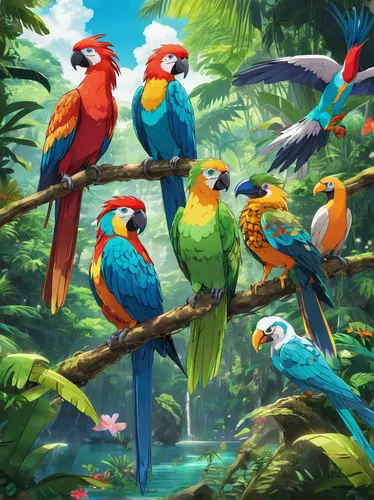 Write a thrilling adventure story where a group of explorers encounter rare and exotic tropical birds deep in the jungle.,tropical birds,macaws,colorful birds,macaws of south america,macaws blue gold,