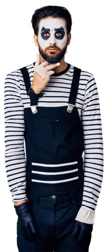 Bearded mime, solo, (40yo), white face paint, black eyebrows, bushy beard, messy hair, striped shirt, suspenders, black pants, white gloves, standing, silent, expressive eyes, dramatic lighting, shall