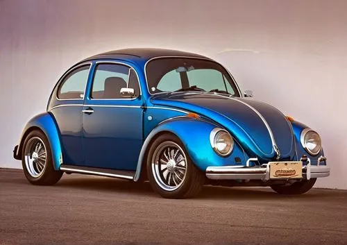 VW Beetle California style, metallic blue, tinted windows, with large rims and fenders and a large rear spoiler,a small blue car with white and black stripe,volkswagen beetle,vw beetle,the beetle,beet