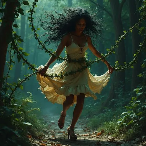 J. Scott Campbell style realistic drawing of a black woman in platform heels and a summer dress


she is being attacked by some sort of living plant monster wrapping her up in its vines the vines are 