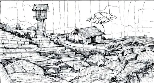 game drawing,stone houses,mountain settlement,mountain huts,roof landscape,house drawing,house in mountains,karst landscape,roofs,log home,hand-drawn illustration,nubble,lonely house,mountain hut,pete