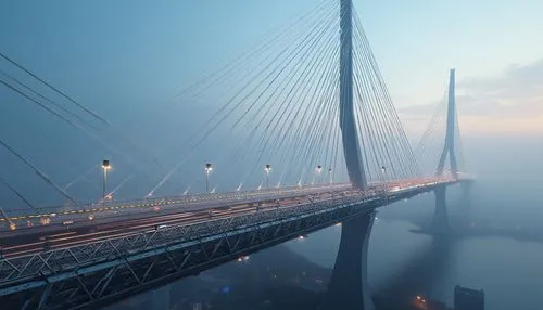 Futuristic suspension bridge, sleek steel cables, angular support towers, modern LED lighting, metallic latticework, geometric shapes, urban cityscape, misty morning atmosphere, shallow depth of field