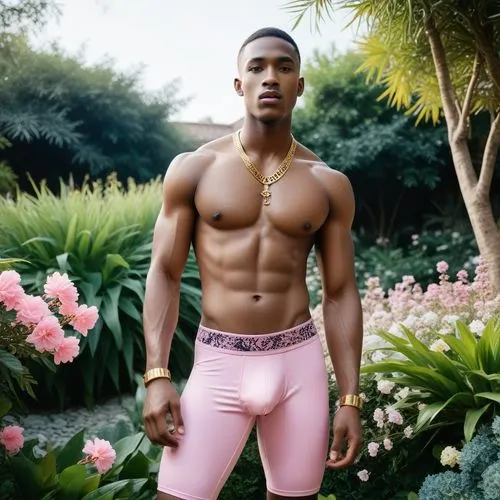 The scene is set in a lush garden, with vibrant flowers and herbs growing in the gentle breeze. A African chad Student top Model muscular adonis men with perfect body and wearing süpergold 3D-Meisterw