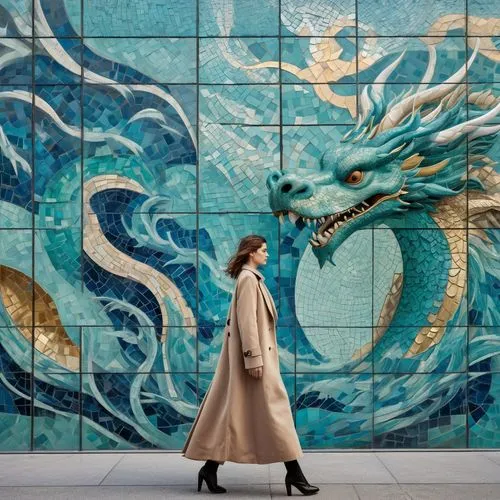 japanese waves,japanese wave,poseidon,blue peacock,woman walking,mural,peacock,wave pattern,japanese wave paper,teal blue asia,wind wave,god of the sea,hong kong,girl walking away,the wind from the sea,girl with a dolphin,dragon of earth,sea god,tiled wall,siren