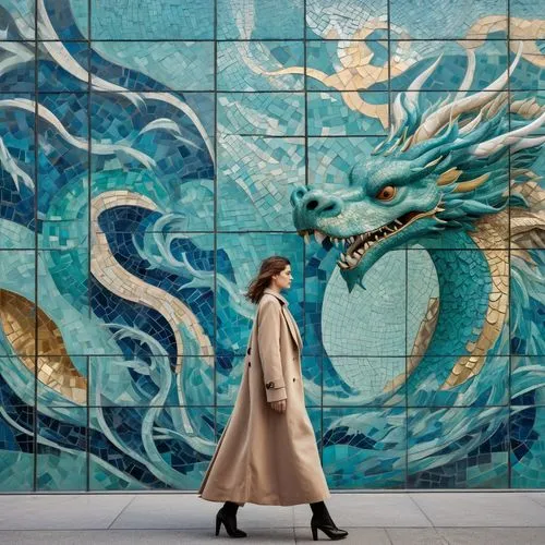 modern building with smooth details and precise lines, an attractive fashion model stands ,japanese waves,japanese wave,poseidon,blue peacock,woman walking,mural,peacock,wave pattern,japanese wave pap