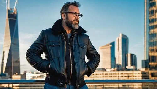 Famous architecture photographer, male, 40s, beard, glasses, holding camera, black jacket, jeans, sneakers, standing, urban cityscape, skyscrapers, modern buildings, steel and glass structure, detaile