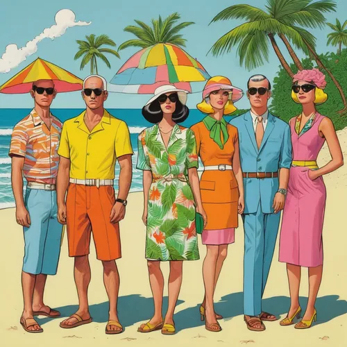 Brainstorm a group costume idea for a tropical beach party,beach goers,straw hats,summer beach umbrellas,sun hats,people on beach,vintage illustration,summer clip art,summer clothing,retro 1950's clip